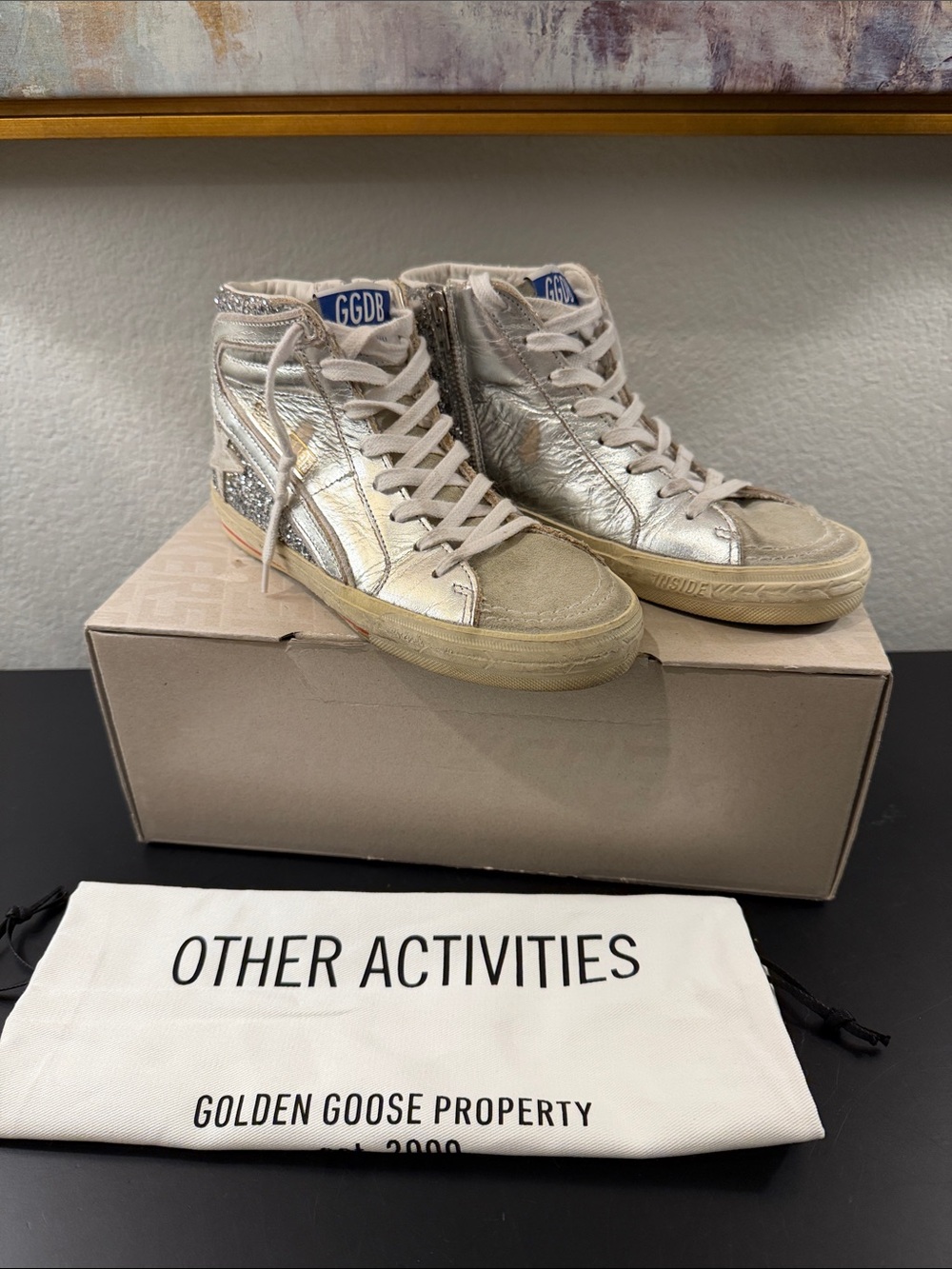 Golden Goose Slide Metallic High-Top Sneakers with Glitter Heel